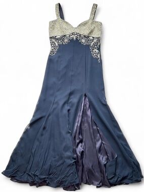 Oleg Cassini Black Tie 100% Silk Navy Beaded Mermaid Formal Gown Sz 10